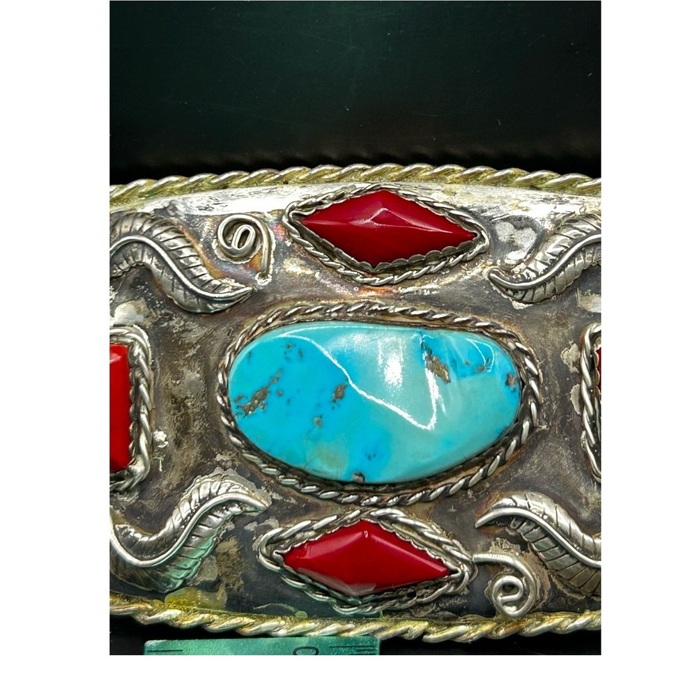 Vintage Silver Belt Buckle With Turquoise Coral And Agate - Picture 2 of 6